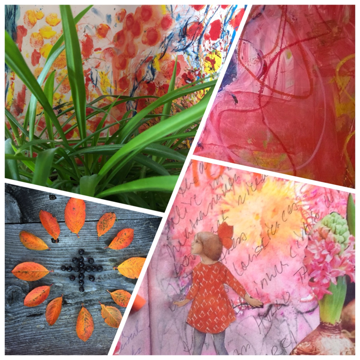Bildcollage med färger i orange och grönt.